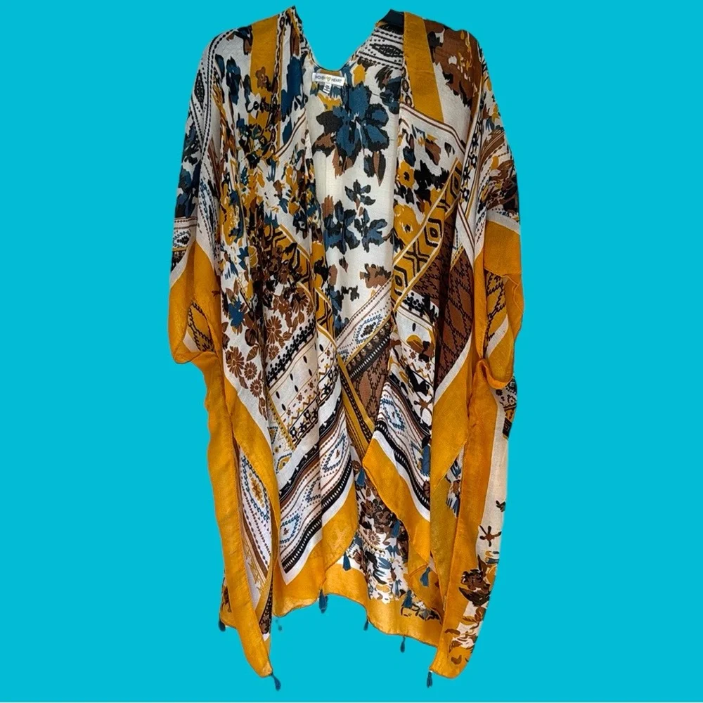 Woven Heart GOLD BLUE BROWN KIMONO W/ TASSELS‎